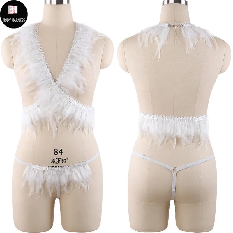 White Cross Feather Cage Bra Feather G-string Body Harness Set Dance Clothing Sexy Women Cosplay Angel Lace Top Bondage Harness