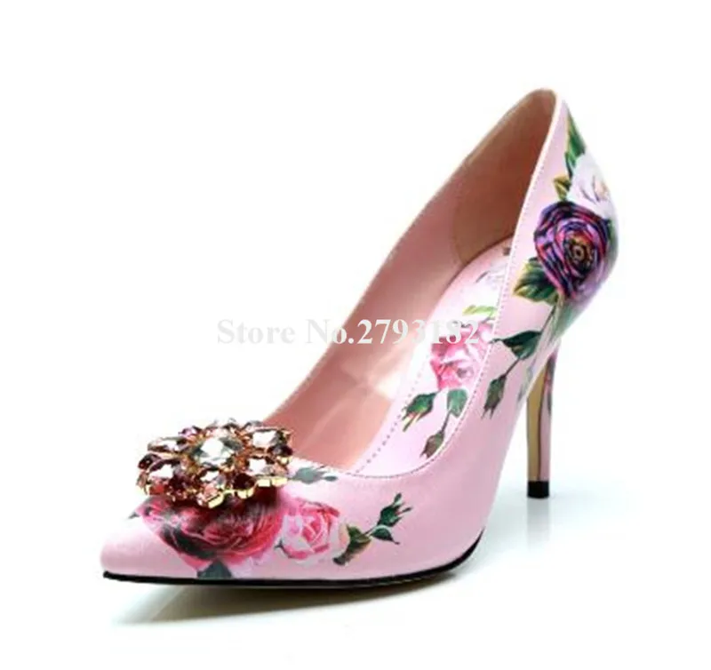 

New Fashion Women Brand Pointed Toe Flowers Printed Patent Leather Rhinestone Thin Heel Pumps Diamond Crystal Button High Heels