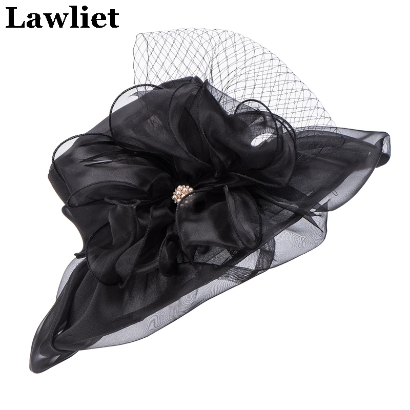 

Women Sun Hat Flower Foldable Organza Brim Wide Brim Hat Summer Hat Fashion Feather Rhinestone Derby Party Dress Hats A342