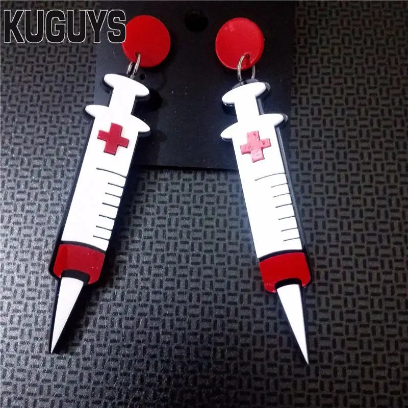 KUGUYS Acrylic Nurse Syringe Long Drop Earrings for Women Hyperbole Injector Jewelry Cosplay Accessories