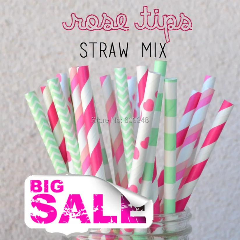 125 Pcs Mixed Colors Rose Tips Party Paper Straws,Double Pink,Deep Pink Stripe,Hot Pink Heart,Mint Sailor Stripe and Chevron