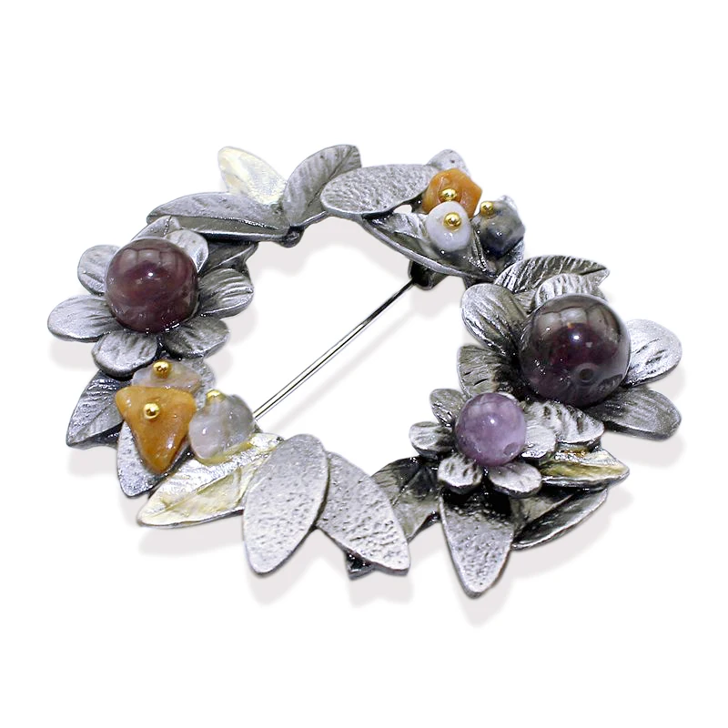 Vintage Style Trendy Nature Stone Tin Alloy Black Tone Handmade Beaded Wreath Brooch Pin For Women Men Jewelry, Item NO.: BH8151