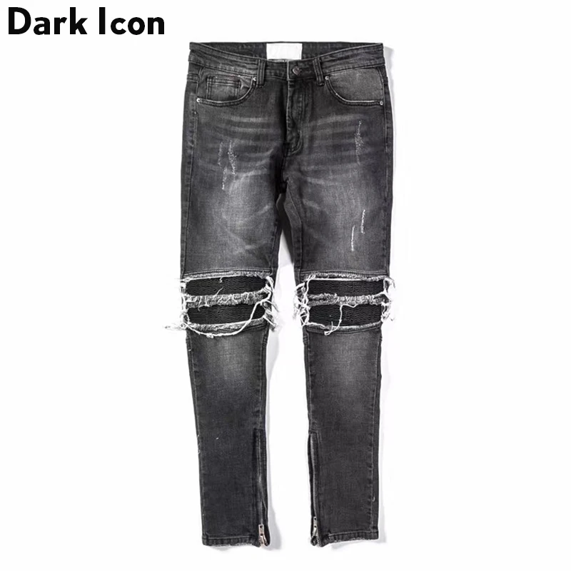 DARK ICON Pleated on Knee Men\'s Jeans High Street Motorcycle Denim Pants Men Full Length