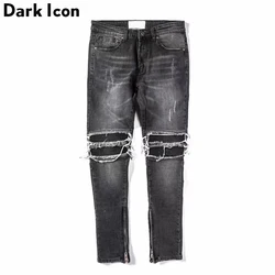 DARK ICON Pleated on Knee Men's Jeans High Street Motorcycle Denim Pants Men Full Length