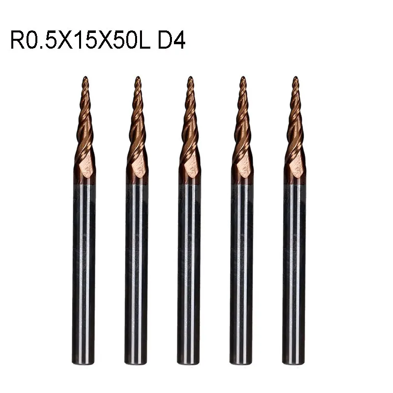 

5pcs/lot R0.5*D4*15*50L*2F HRC55 Tungsten solid carbide Coated Tapered Taper Ball Nose End Mill cone type cnc milling cutter