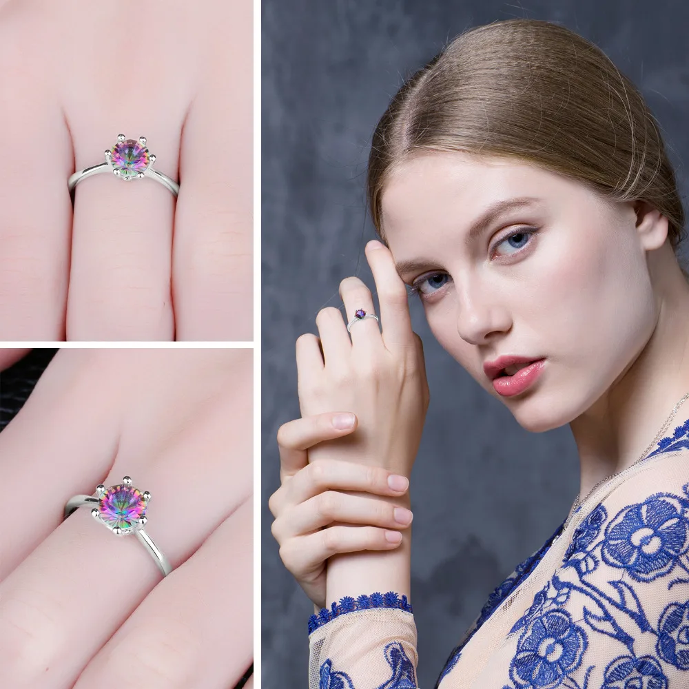 JewelryPalace Natural Rainbow Mystic Quartz 925 Sterling Silver Ring for Women Solitaire Gemstone Jewelry Engagement Ring