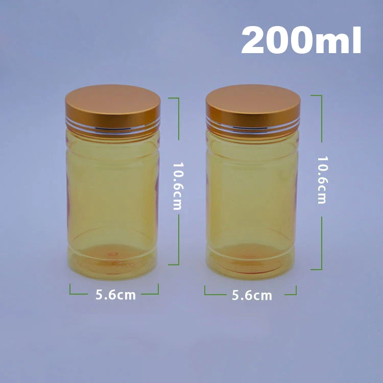 100pcs 200ml Light Yellow Color PET Medicine Bottles,Capsules/Pills/Powder/Vitamin Plastic Bottles--Golden Screw Metal Caps