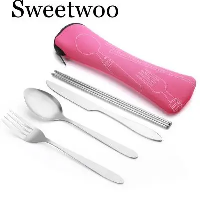 4 Pcs/Set Stainless Steel Fork Spoon Chopsticks Travel Ourdoor Camping Cutlery Tools Portable Stainless Steel Tableware 9 Colors