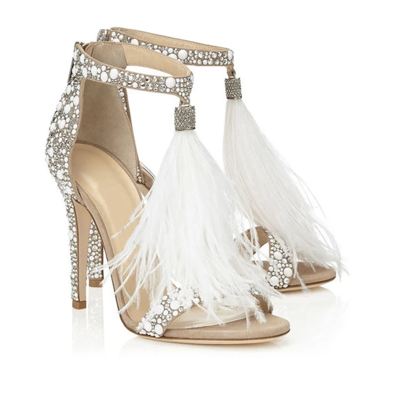 Sandały damskie Stiletto Sandalia Feminina wysokie sandały na obcasie Rhinestone Feather suknia wieczorowa na przyjęcie weselne buty Tassel