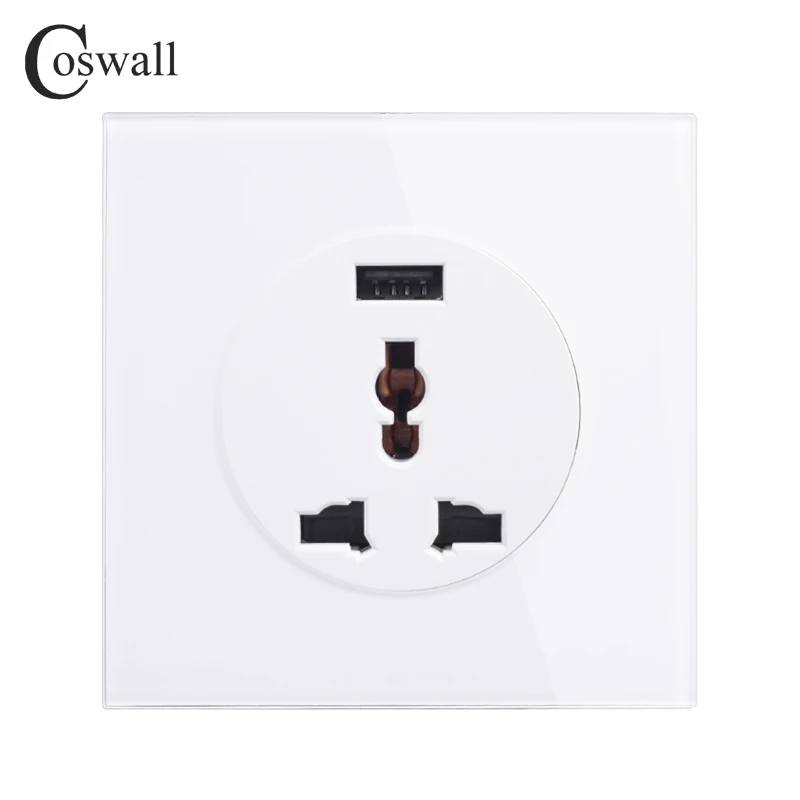 Coswall Crystal Glass Panel 13A Wall Outlet Universal 3 Hole UK EU Power Socket With USB Fast Charging Port DC 5V 2A R11 Series