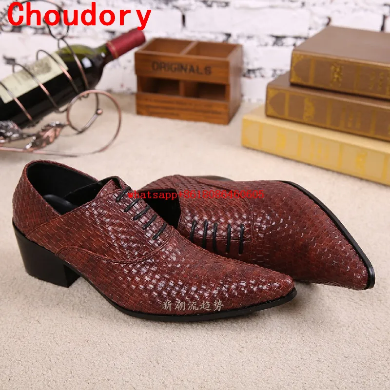 Choudory Mens shoes high heels genuine leather red black pointed toe dress shoes knit loafers wedding formal shoes men size13