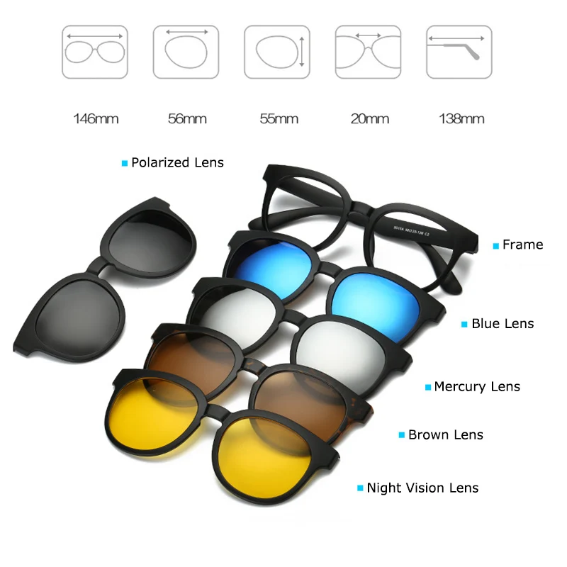 Fashion Spectacle Frame Men Women With 5 Pieces Clip On Sunglasses Polarized Magnetic Glasses Male Driving Myopia Optical RS120 - Image 4