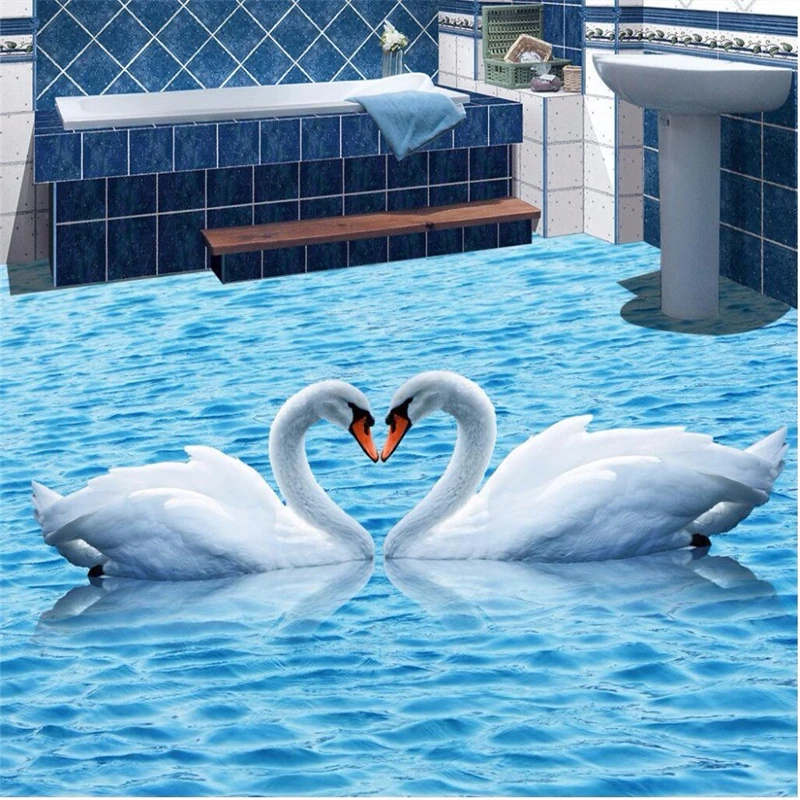 beibehang painting blue water ripples swan Waterproof Bathroom kitchen balcony PVC Wall paper floor mural 3D wallpaper sticker