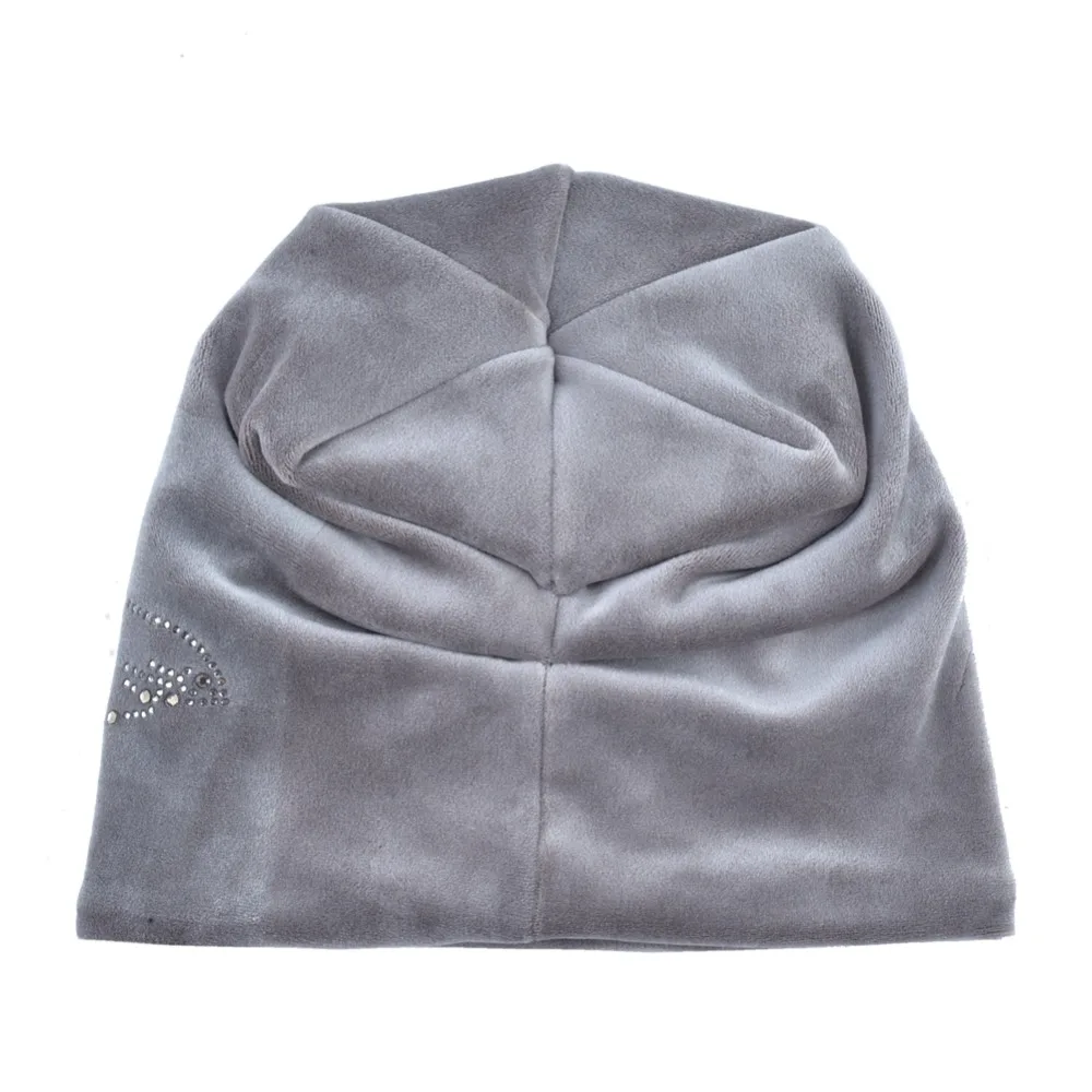 女性のファッションラインストーン花帽子スカーフ冬暖かいビーニースカーフセット女の子厚いビロードボンネットファムskulliesキャップ