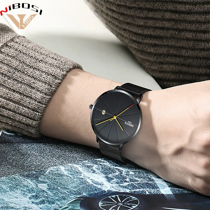 Saat Nibosi – montre de marque de luxe pour hommes, bracelet en maille, mode Simple, horloge noire Ultra mince