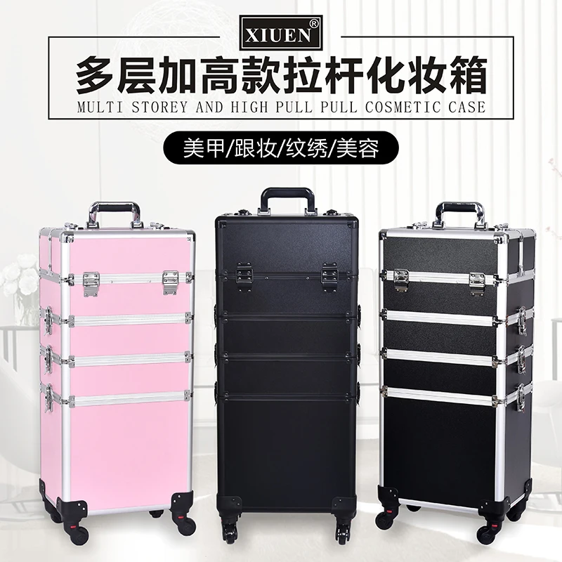 New Women Trolley Cosmetic Bags on Wheel,Nails Makeup Toolbox,Detachable Foldable Beauty Suitcase Travel bag vs Rolling Luggage