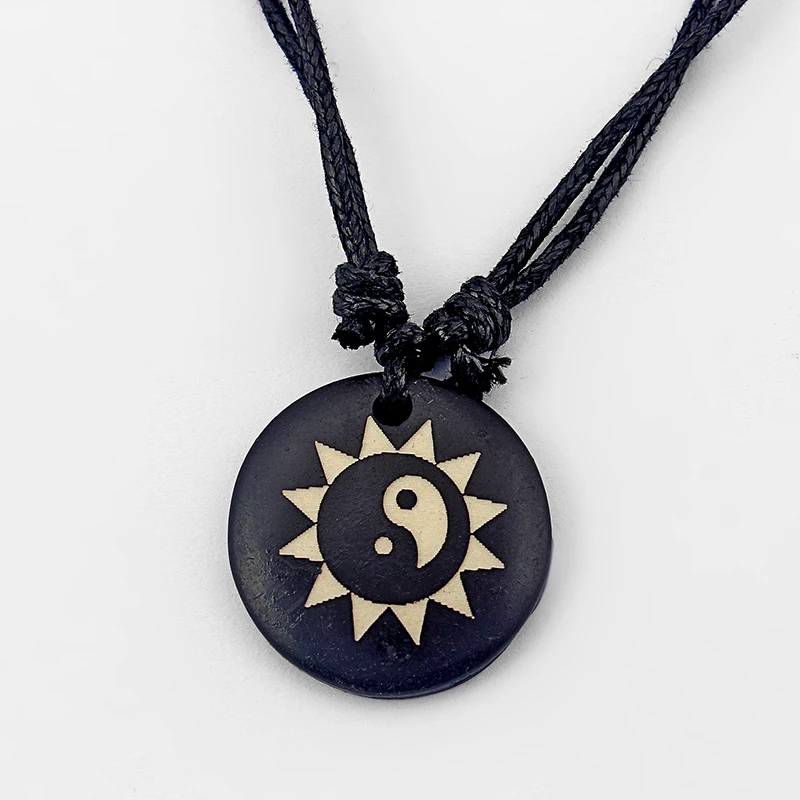 Wholesales Faux Yak Bone Resin Yin Yang Lucky Necklaces Cave Sun Moon Pendant Wax Cotton Cord Tribal Necklaces