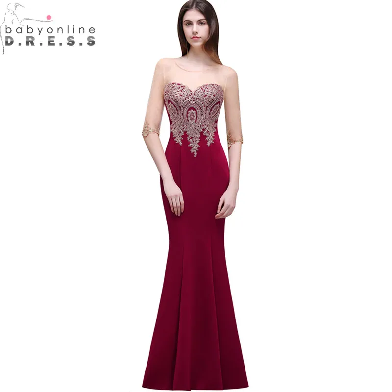 

Robe de Soiree Longue Cheap Lace Half Sleeve Mermaid Burgundy Evening Dress Sexy Sheer Back Appliques Evening Gowns