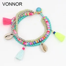 Fashion Multi-layer Beads Strand Shell Bracelet Summer Beach Holiday Jewelry Crystal Clay Stone Mixed Tassel Bracelets Women