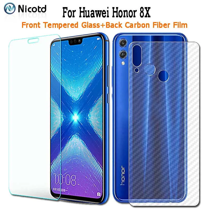 

Nicotd 2 PACK For Huawei Honor 8X Transparent Tempered Glass add Back Carbon Fiber Film Screen Protector For Honor 8X Glass Film