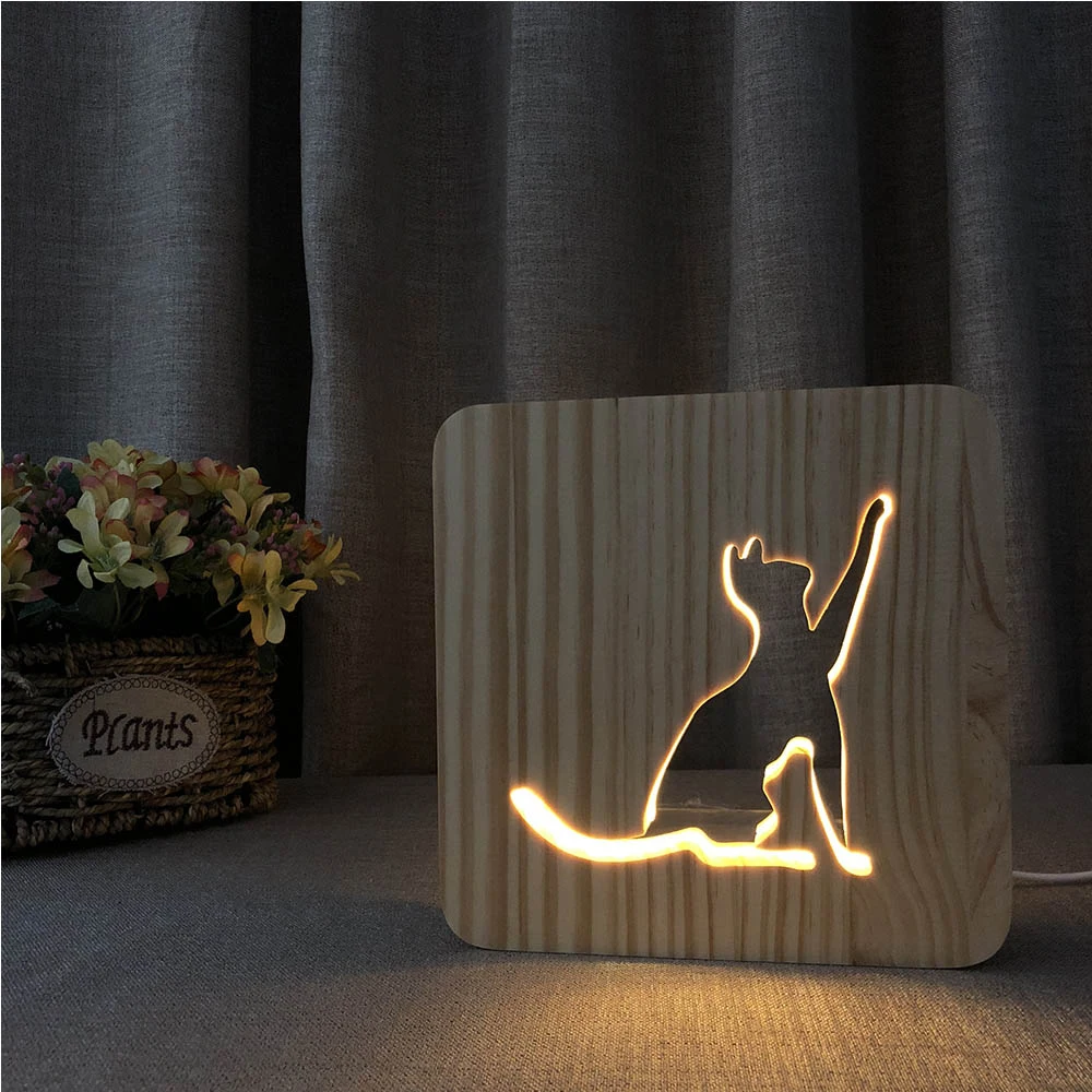 Wooden Lamp Animal Cute kawaii Cat Lamp 3D USB LED Table Light Kitten Meow Wood Carving Lamp for Children Room Decoration