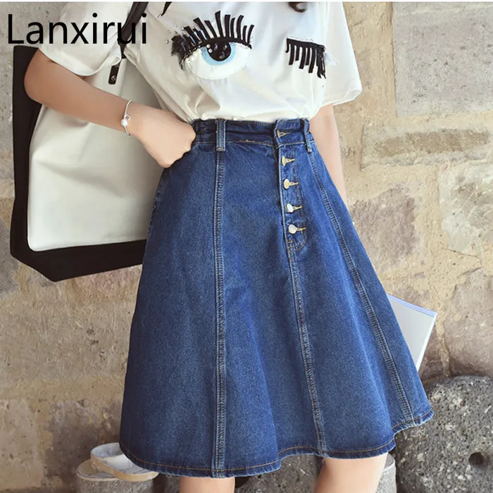 New Denim  Woman Skirt A-line Jeans Front Button Knee-Length High Waist Saia Jupe Korea Style Skirts Women Saias