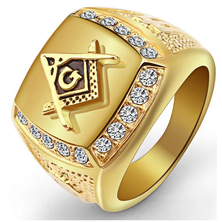 316L Stainless Steel Cool Gold Color Freemason Ring Men Hip Hop Iced Out Bling Crystal Masonic Rings Fashion Jewelry