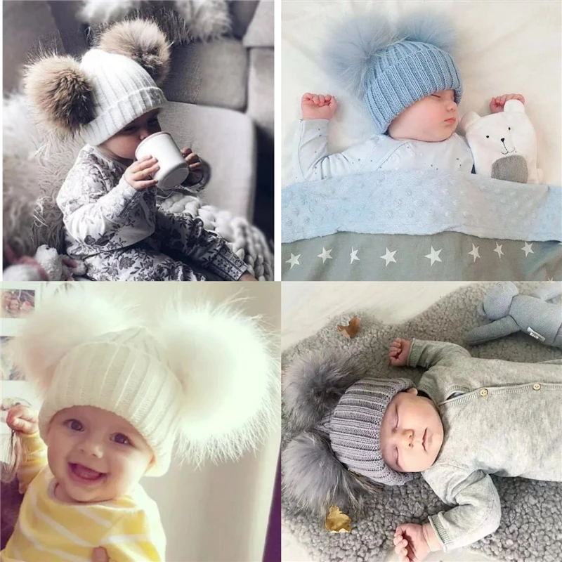 JX Watcher Winter Doppel Echtpelz Pom Pom Hut für Kinder Baby Strick mützen mit zwei Pelz Pompons Jungen Mädchen hochwertige Mütze Mütze – Detail 18