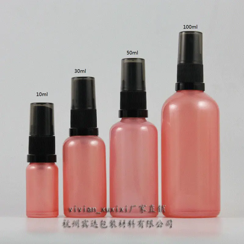 

50pcs wholesale 10 ml pink color Glass lotion conrainer with black plastic pump, 10ml mini glass cosmetic bottle for liquid