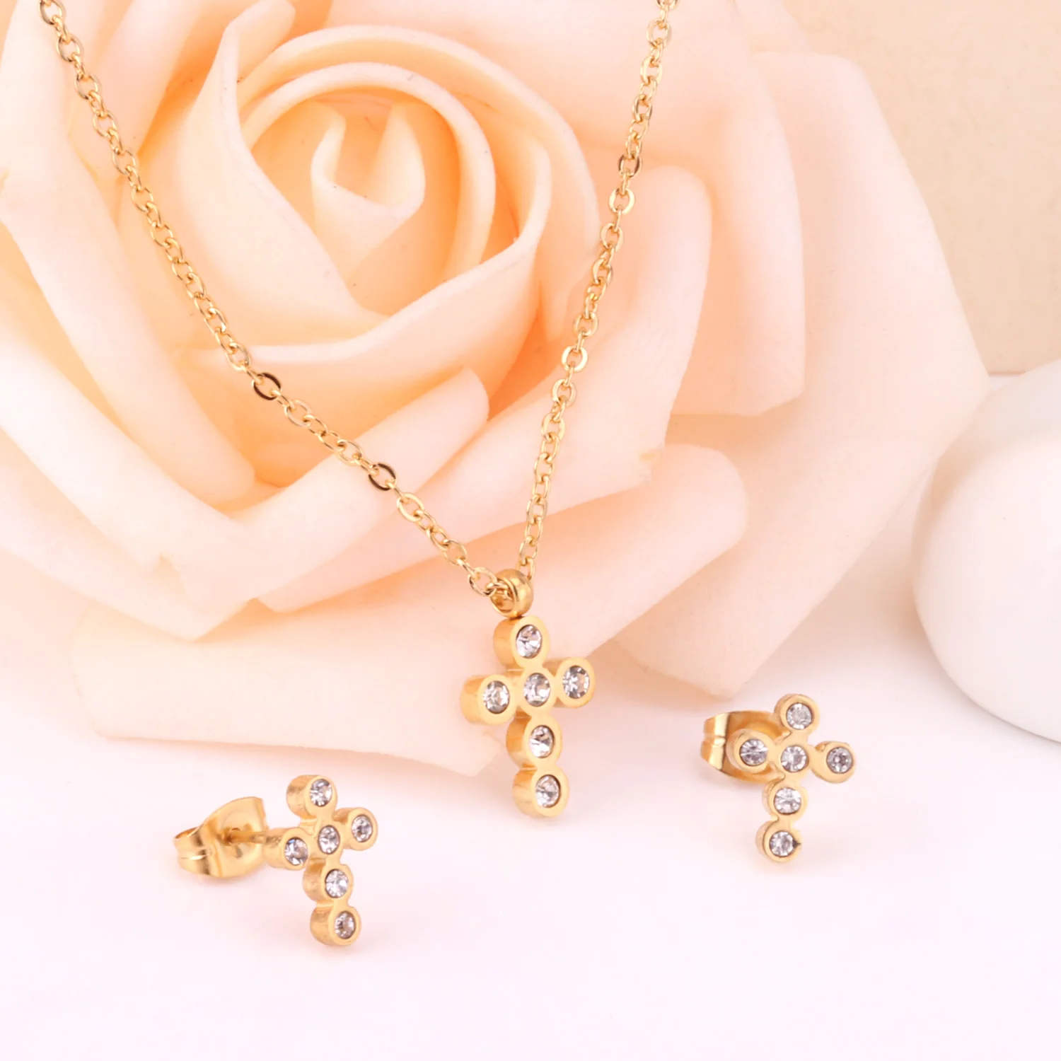 LUXUKISSKIDS Stainless Steel Crystal Dubai Wedding Bridal Jewelry Sets Cross Butterfly Necklace Earring Set Women/Men Jewelry