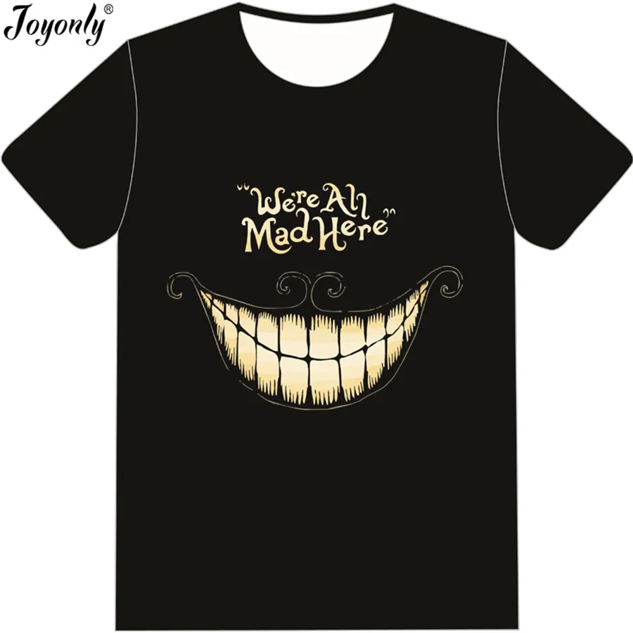 Joyonly 2018 Summer Boys Girls Black T-shirt We're All mad Here Letters Printed Cheshire Cat T Shirt Children Vintage Tee Shirt