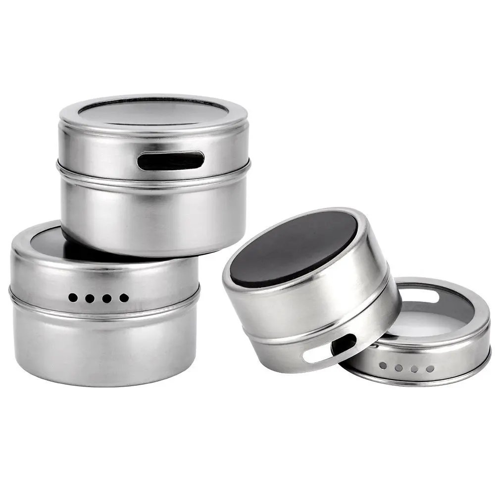 GOUGU Magnetic Spice Jar With Stickers Stainless Steel Spice Tins Pepper Seasoning Sprays Tools