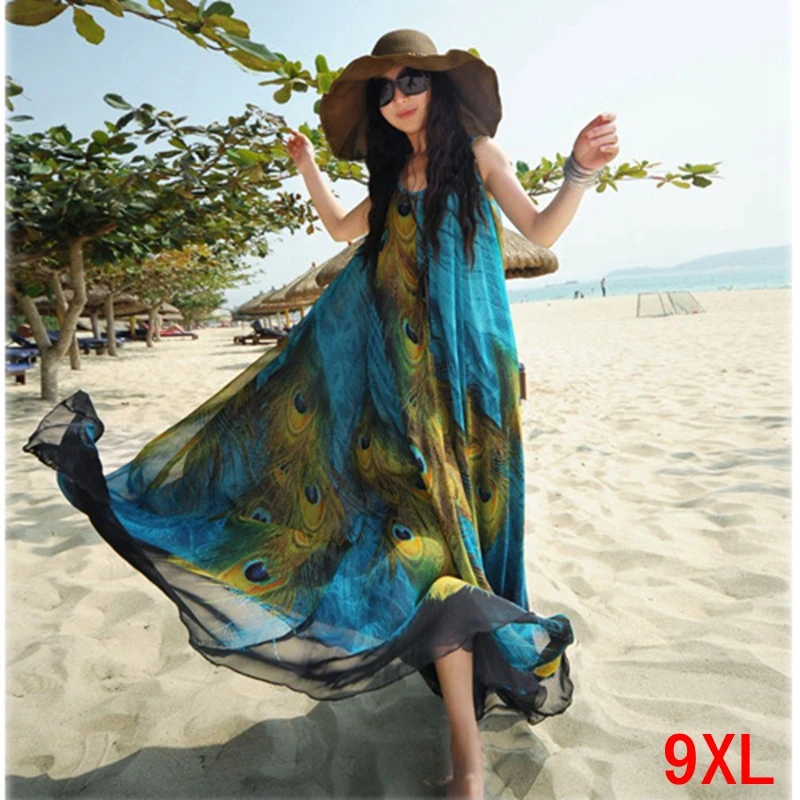 

Large size women's dress big size 4XL 5XL 8XL 9XL summer round neck sleeveless loose bohemian large size blue dress