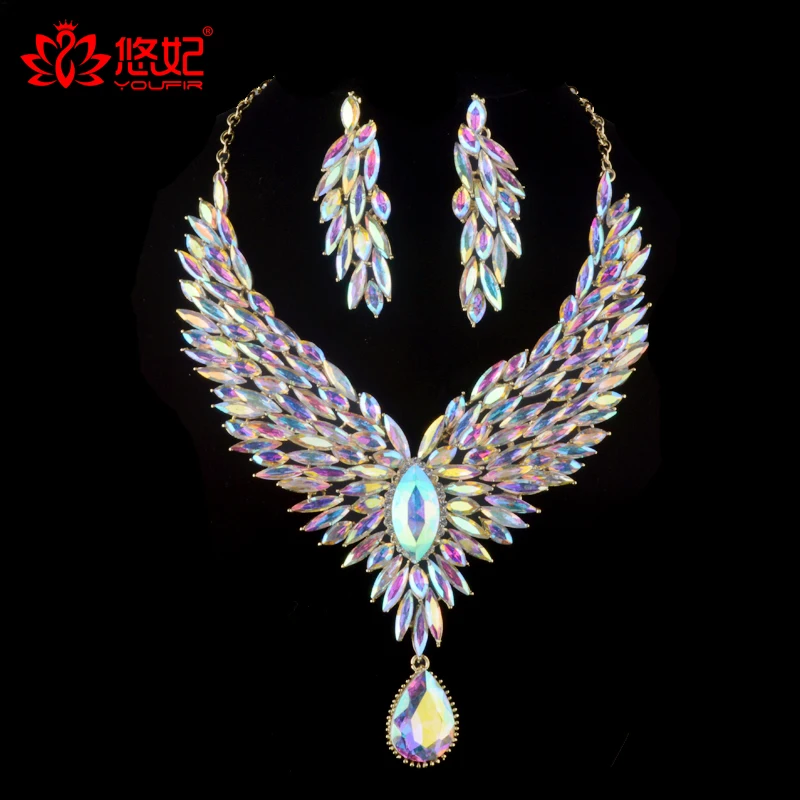 Bridal Wedding Jewelry Aurora Color Rhinestone Crystal AB For Women's Party Necklace Earrings Set Peacock Wig Dropwater