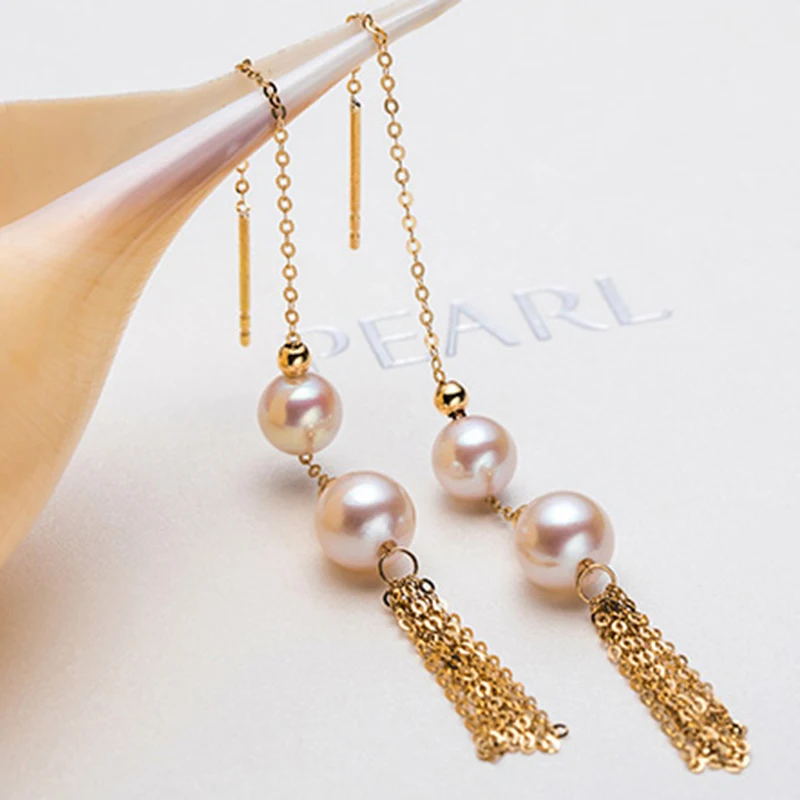 Sinya Trendy Pure 18k Gold Long Chain Tassel Earring with Natural Round Pearls High Quality Fine Jewelry for Women Girls Mum