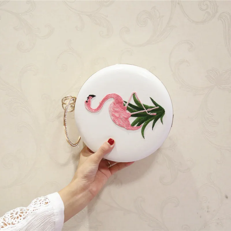 Women Embroidery Flamingo Evening Bags Luxury Round Shaped Female Wedding Dinner Bags Shoulder Bags Clutch Purse