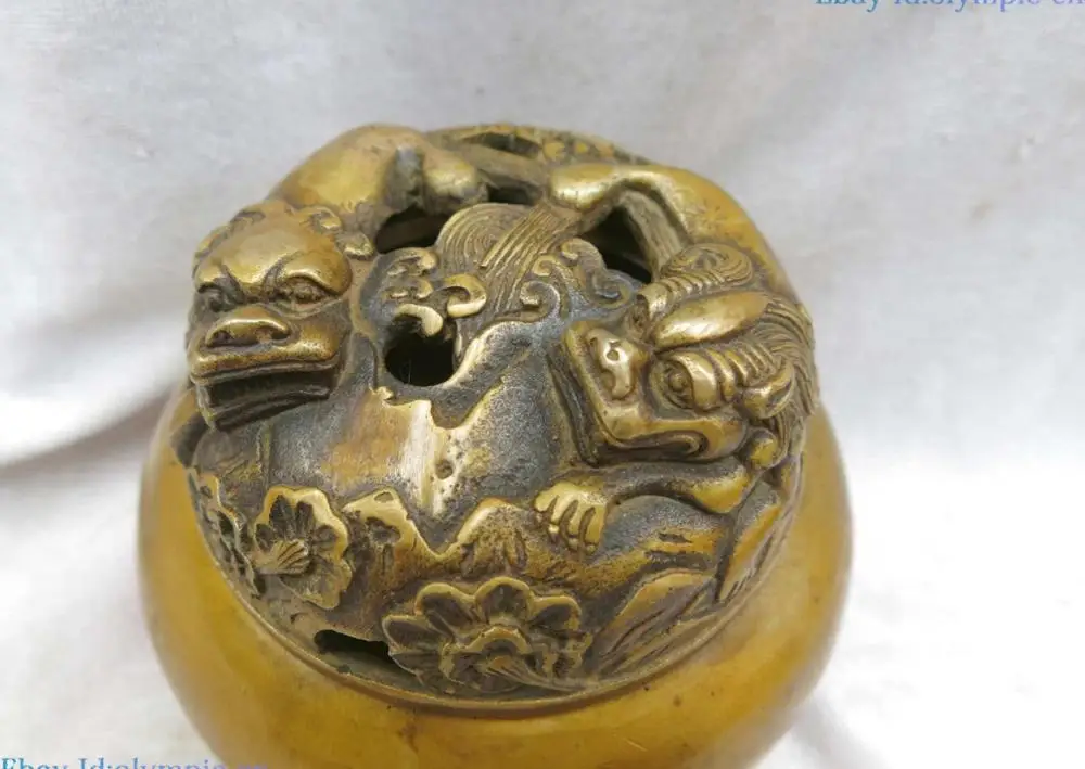 Fine brass censer China carved copper two tiger beautiful incense burner Statue