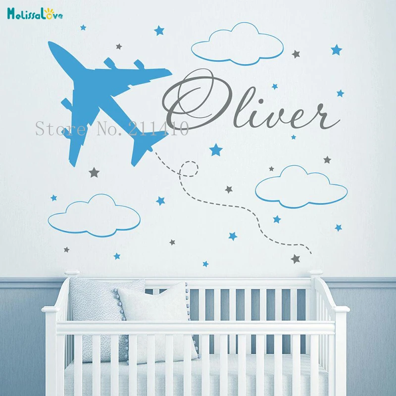 Custom Name Wall Sticker Removable Eco-friendly Home Decoration Nursery for Boys Room Plane Clouds Cute Unique Gift YT639