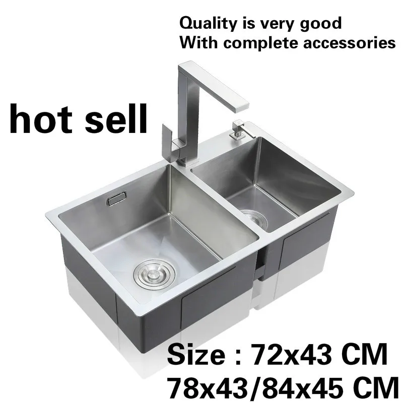 

Free shipping Hot sell food-grade 304 stainless steel kitchen manual sink double groove wash the dishes big 72x43/78x43/84x45 CM