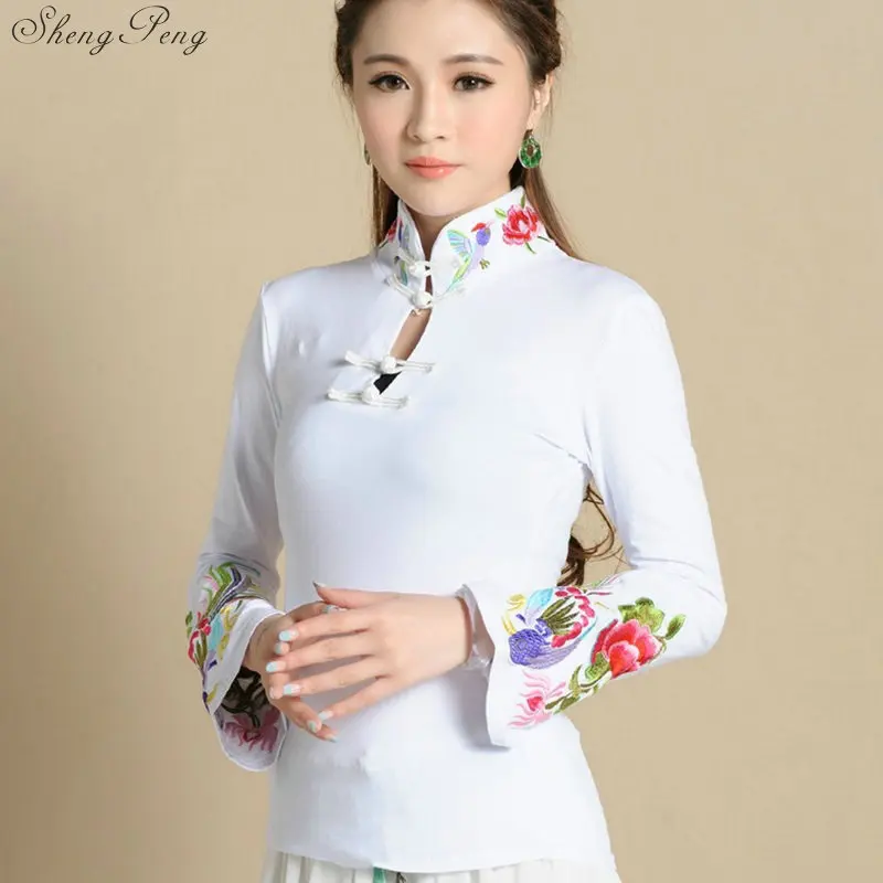 Cheongsam top traditional chinese clothing for women long sleeve national style tops for women\'s trend vintage fluid Q605