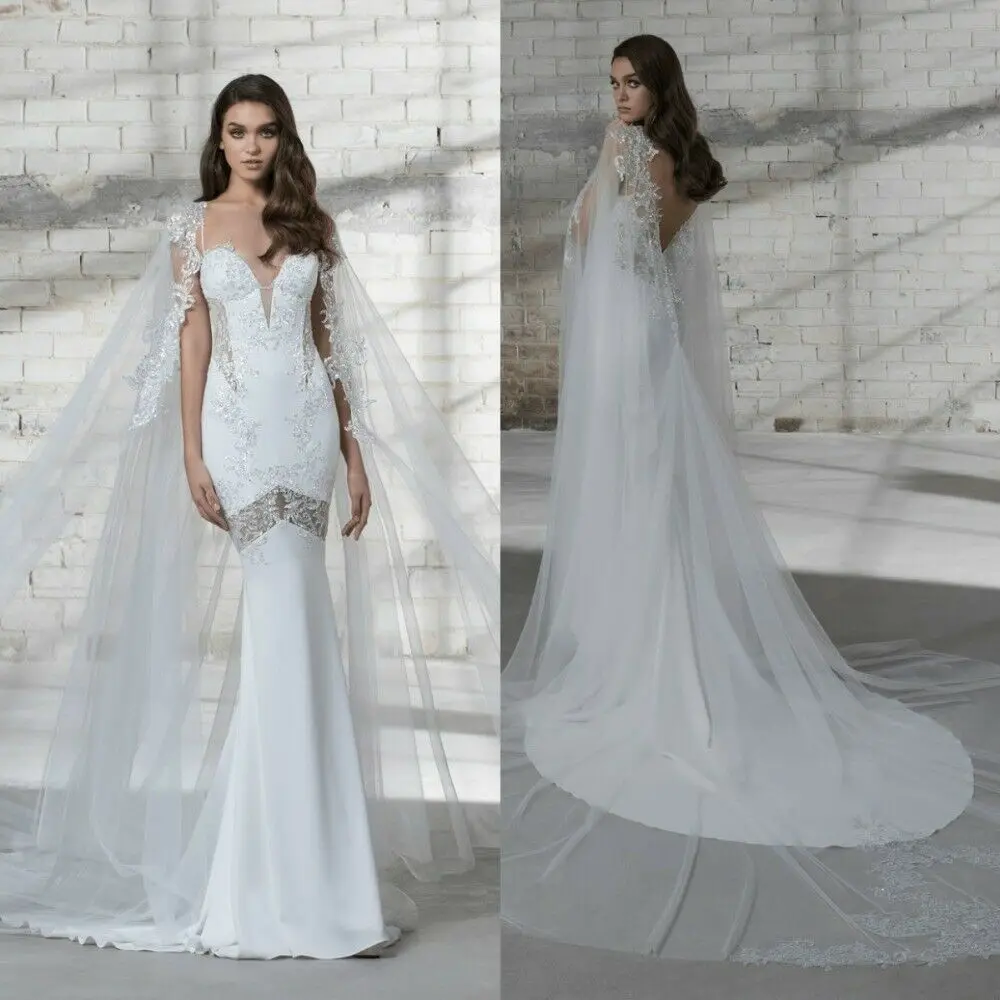 Cape Spitze Appliques Hochzeit Wraps Mantel Schulter Jacke V Zurück Weiß Elfenbein Lange Weiche Tüll Schal Shrug Braut Nach Maß jacke