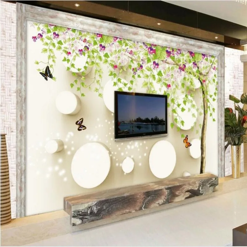 wellyu Custom large murals purple flowers butterfly flower TV backdrop 3D murals tree non - woven wallpaper papel de parede