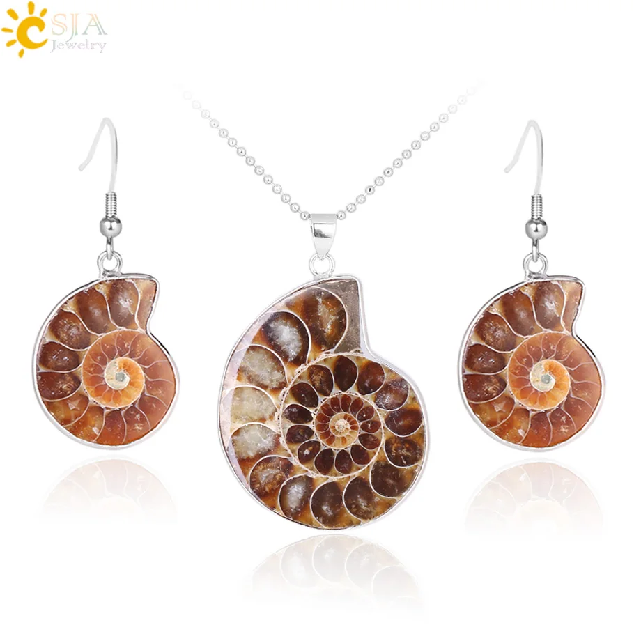 CSJA Natural Unique amonit Jewelry Set naszyjniki wisiorki szyszka ślimak spirala dynda kolczyki wisiorki zestawy E392