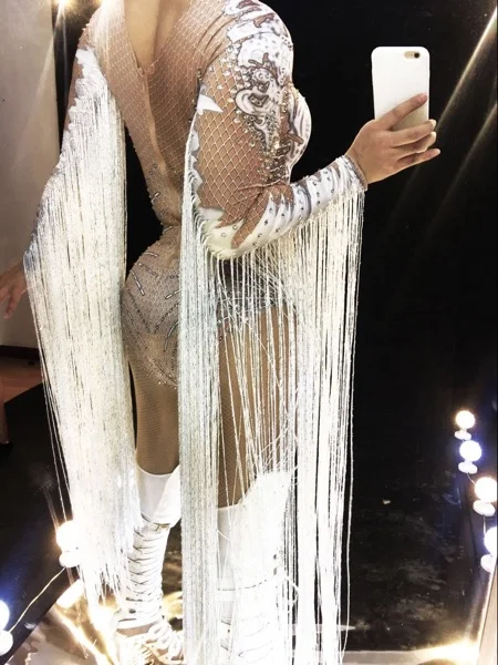 Female Crystals tassels Bodysuit sexy Bright crystal fish scale Jumpsuit singer dancer nightclub Stag Party costumes Bar DJ show