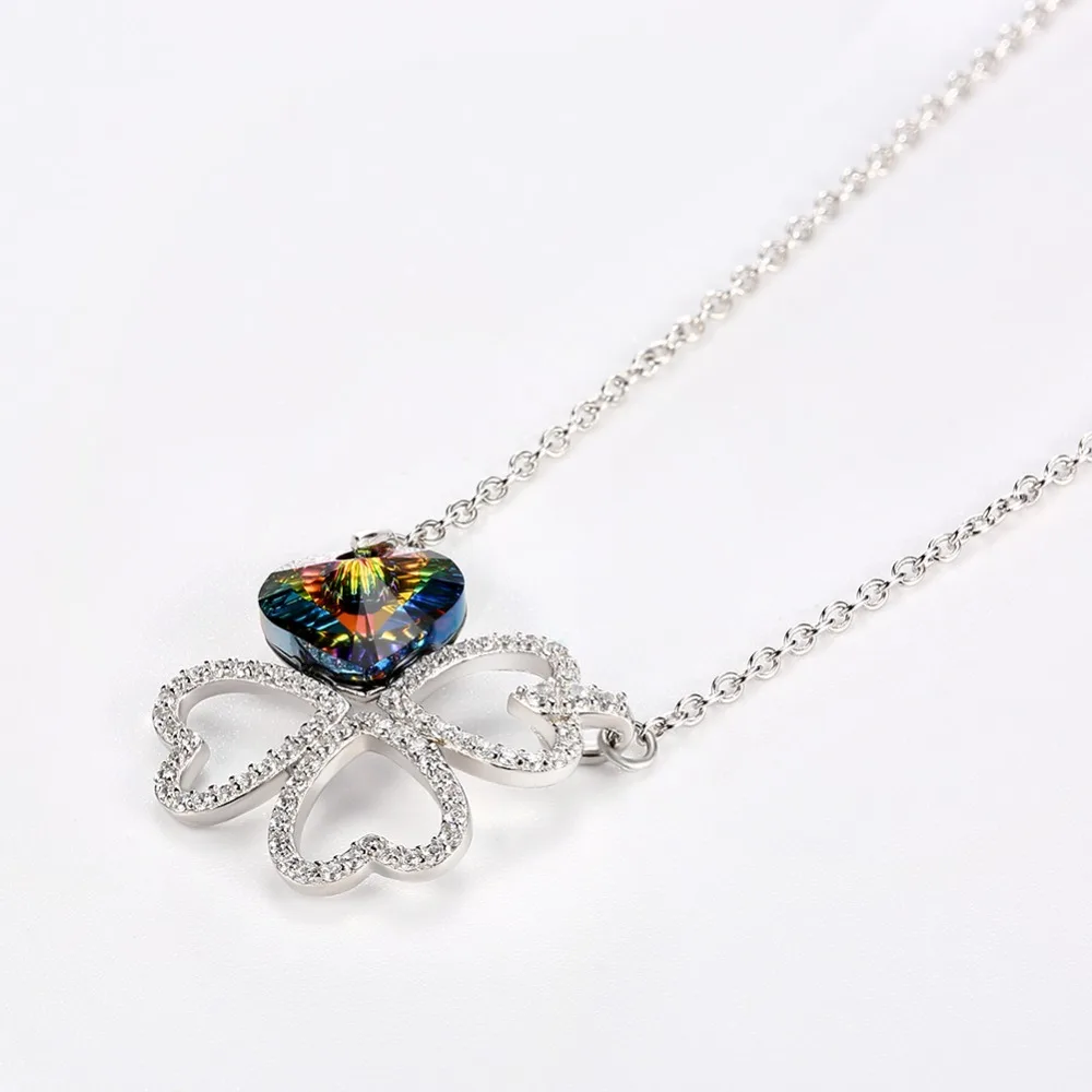 LEKANI Lucky Clover Jewelry Hearts Crystal From Austria Pendants Necklaces Romantic S925 Silver Collares For Women Fine Joyas