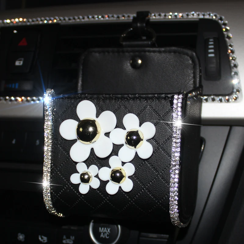 Diamond Crown Car Organizer Box Bag Air Vent Hanging Crystal Leather Universal Car Mobile Phone Holder Auto Interior Accessories