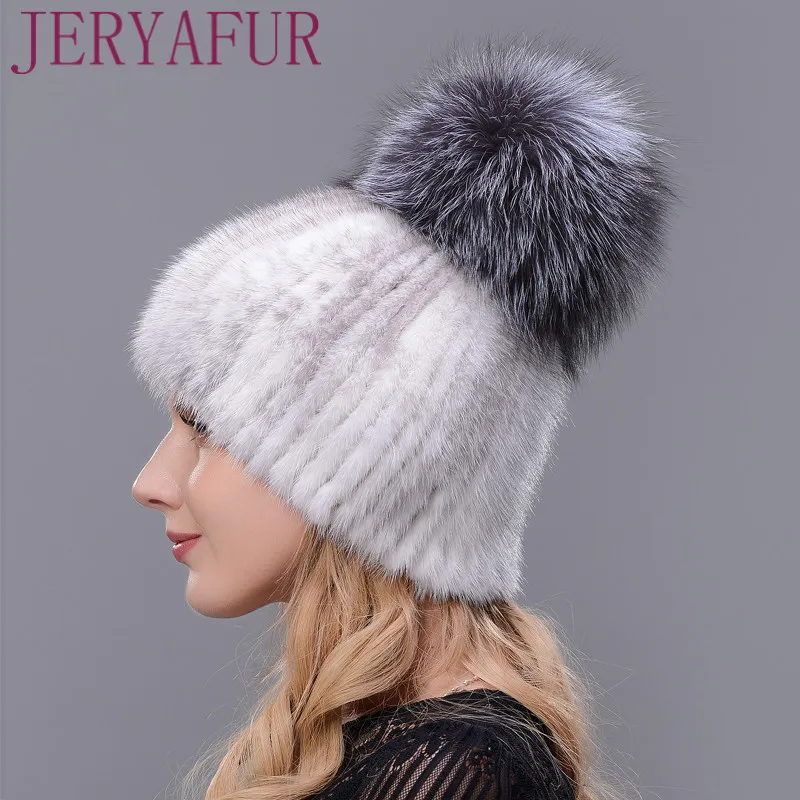 Real Mink Fur Hat For Winter Women Imported Knitted Mink Cap With Fox Fur  New Hot Sale High Quality Female Beanies