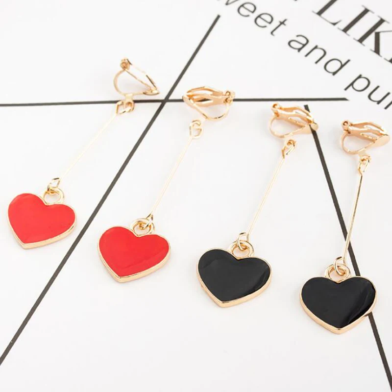 GRACE JUN Hot Sale Long Gold Color Heart Shape Clip on Earrings No Pierced for Women Gorgeous Cuff Earrings No Hole Earrings