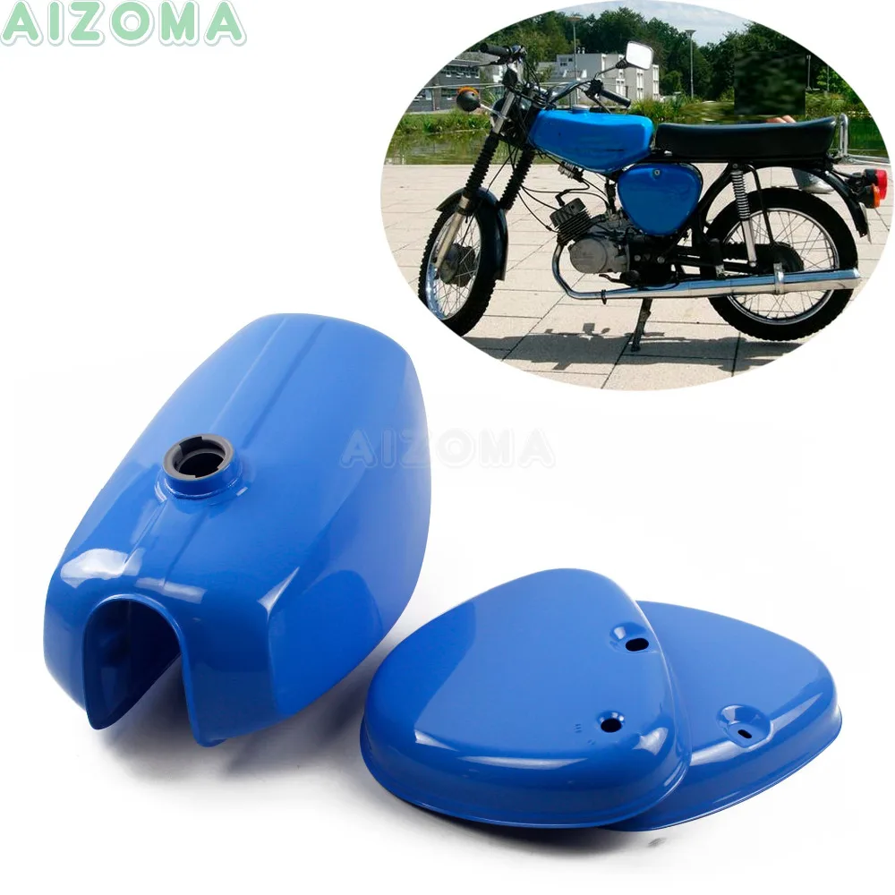 Blue Motorcycle Retro Custom Banana Shape Gas Oil Tank w/ 2pcs Side Cover Steel Fuel Tank Kit For Simson S50 S51 S70 ( 191972 )