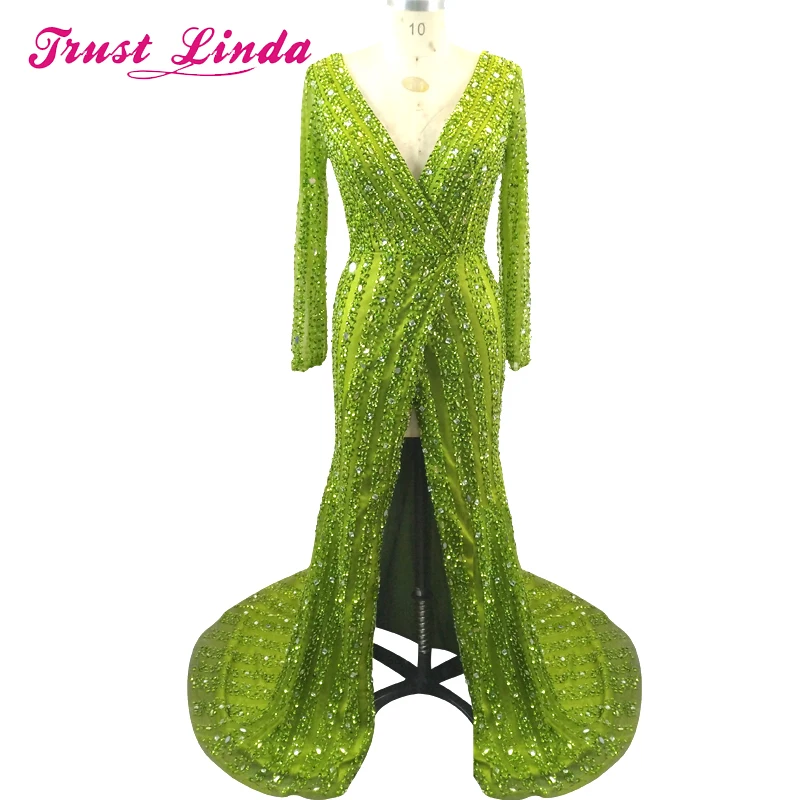 

Real Sample Long Sleeves Mother Dresses Luxury V Neck Beaded Sequins Side Slit